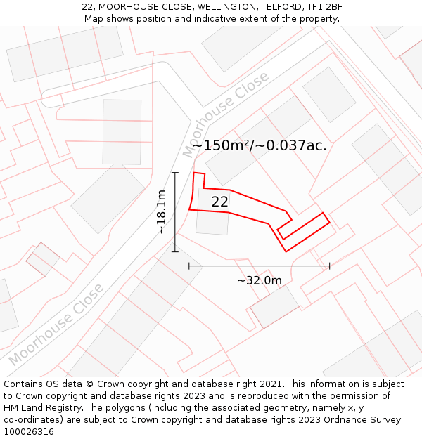 22, MOORHOUSE CLOSE, WELLINGTON, TELFORD, TF1 2BF: Plot and title map