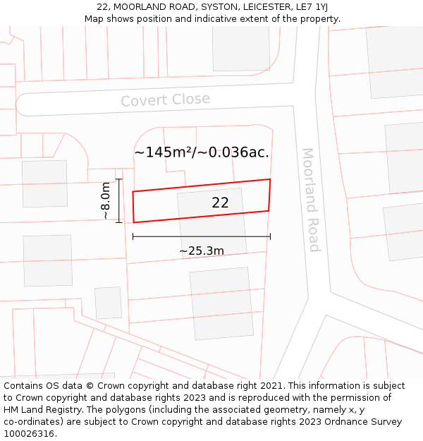 22, MOORLAND ROAD, SYSTON, LEICESTER, LE7 1YJ: Plot and title map