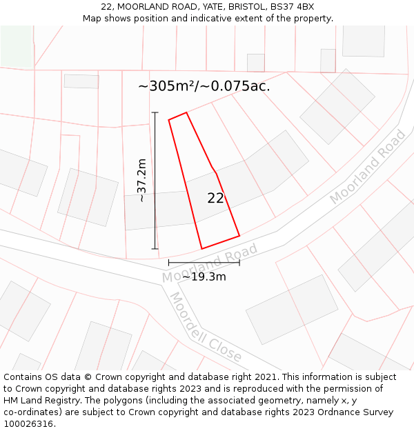 22, MOORLAND ROAD, YATE, BRISTOL, BS37 4BX: Plot and title map