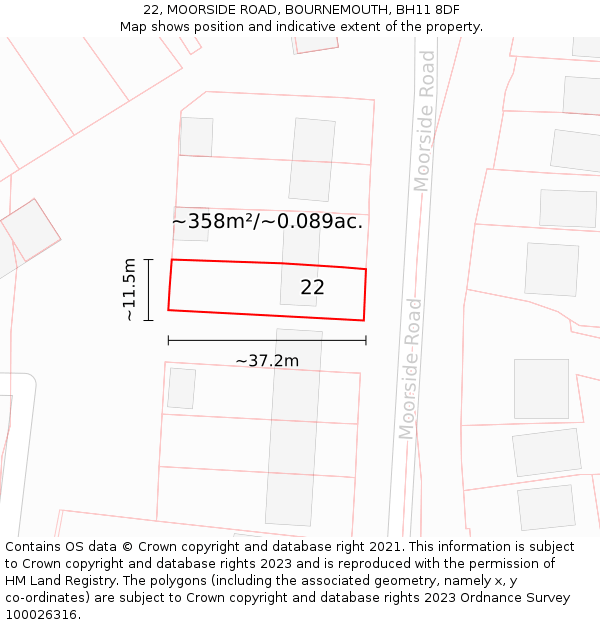 22, MOORSIDE ROAD, BOURNEMOUTH, BH11 8DF: Plot and title map