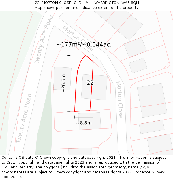 22, MORTON CLOSE, OLD HALL, WARRINGTON, WA5 8QH: Plot and title map