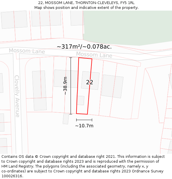 22, MOSSOM LANE, THORNTON-CLEVELEYS, FY5 1RL: Plot and title map