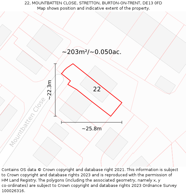 22, MOUNTBATTEN CLOSE, STRETTON, BURTON-ON-TRENT, DE13 0FD: Plot and title map
