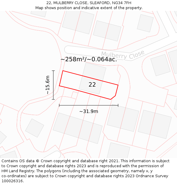 22, MULBERRY CLOSE, SLEAFORD, NG34 7FH: Plot and title map