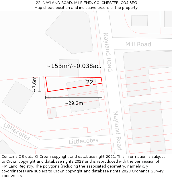 22, NAYLAND ROAD, MILE END, COLCHESTER, CO4 5EG: Plot and title map