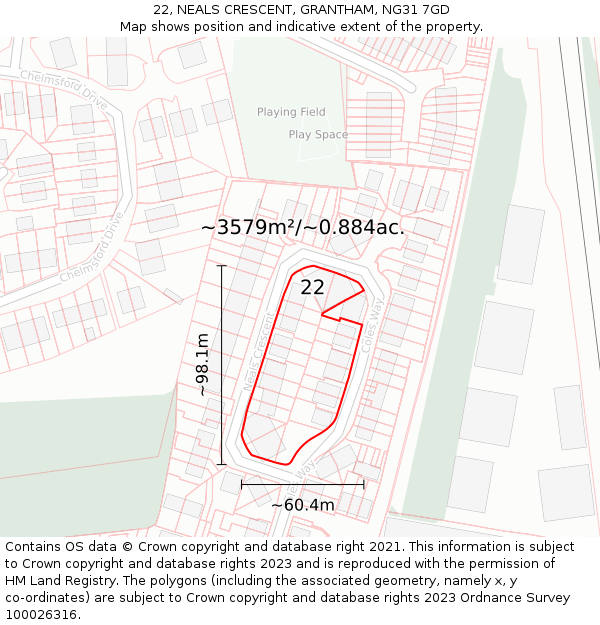 22, NEALS CRESCENT, GRANTHAM, NG31 7GD: Plot and title map