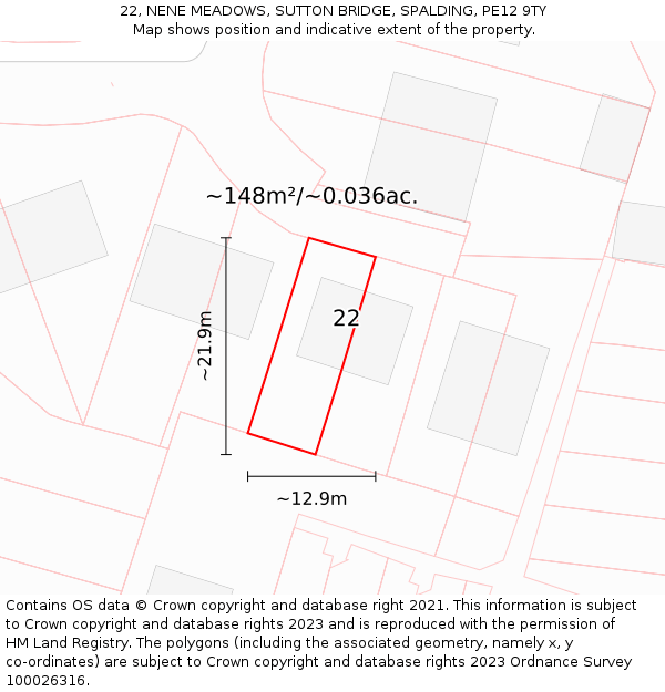 22, NENE MEADOWS, SUTTON BRIDGE, SPALDING, PE12 9TY: Plot and title map