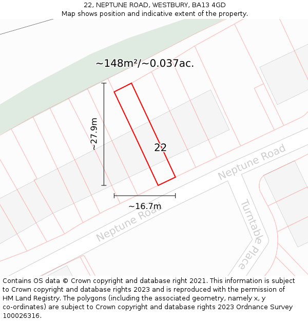 22, NEPTUNE ROAD, WESTBURY, BA13 4GD: Plot and title map