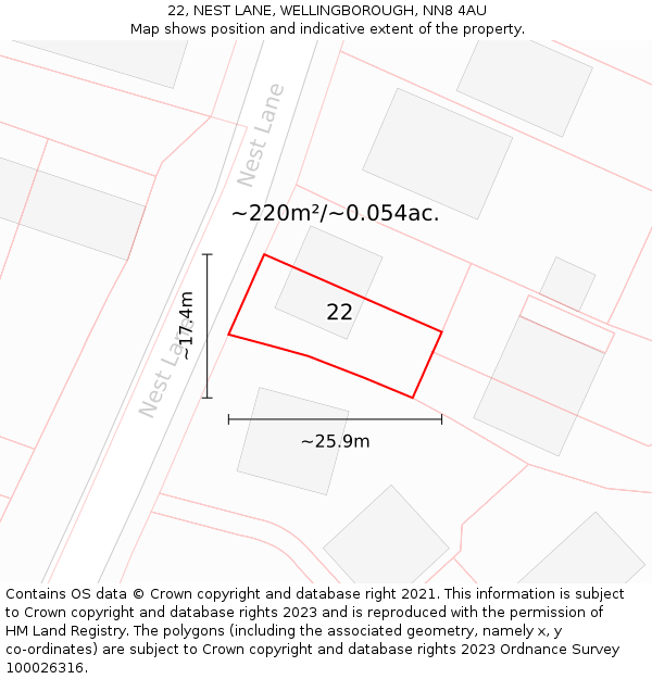 22, NEST LANE, WELLINGBOROUGH, NN8 4AU: Plot and title map