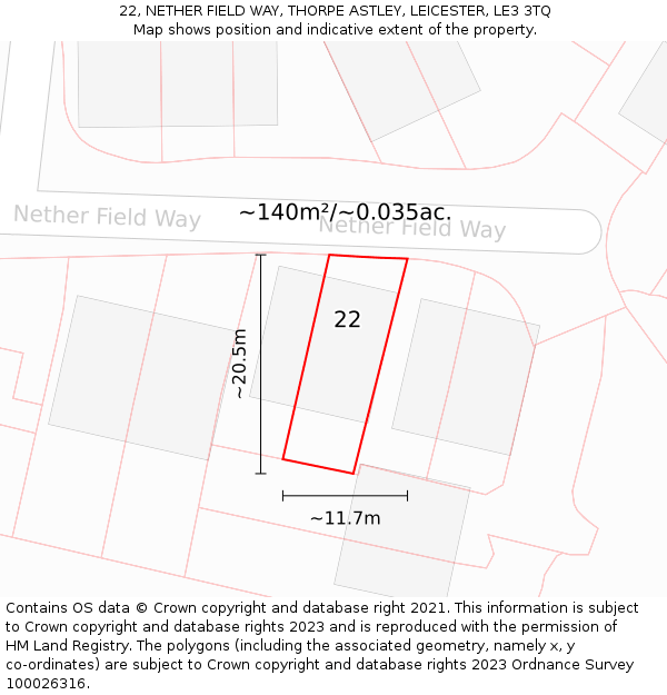 22, NETHER FIELD WAY, THORPE ASTLEY, LEICESTER, LE3 3TQ: Plot and title map