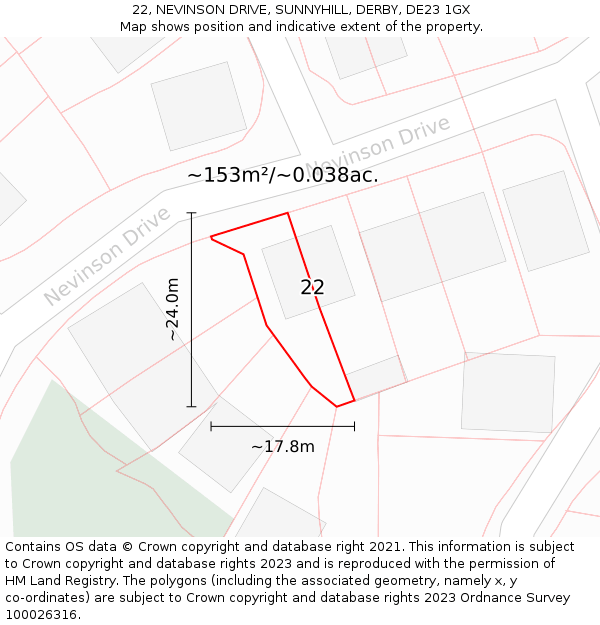 22, NEVINSON DRIVE, SUNNYHILL, DERBY, DE23 1GX: Plot and title map