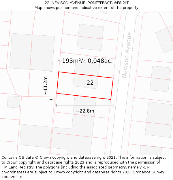 22, NEVISON AVENUE, PONTEFRACT, WF8 2LT: Plot and title map