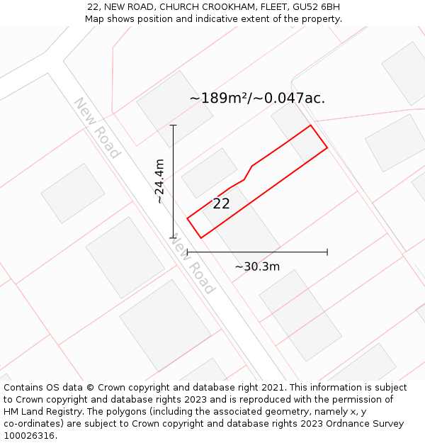 22, NEW ROAD, CHURCH CROOKHAM, FLEET, GU52 6BH: Plot and title map