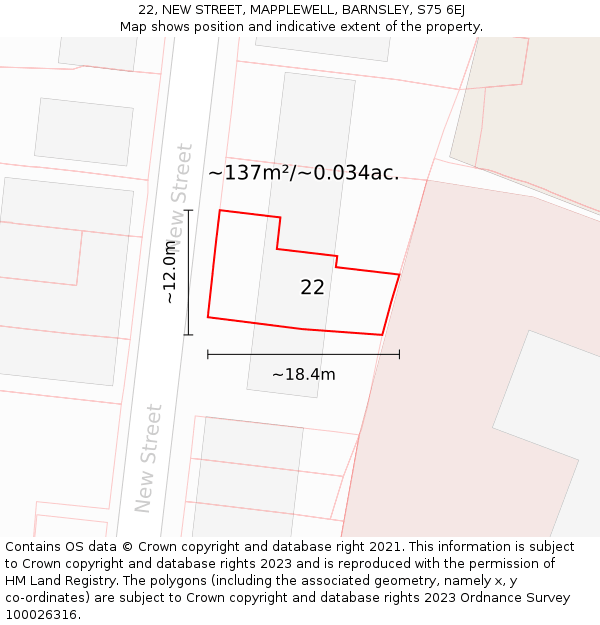 22, NEW STREET, MAPPLEWELL, BARNSLEY, S75 6EJ: Plot and title map