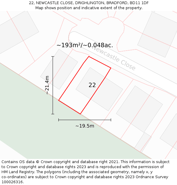 22, NEWCASTLE CLOSE, DRIGHLINGTON, BRADFORD, BD11 1DF: Plot and title map