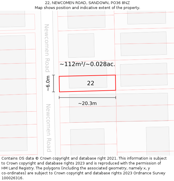 22, NEWCOMEN ROAD, SANDOWN, PO36 8NZ: Plot and title map