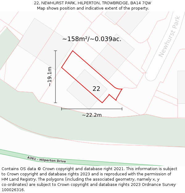 22, NEWHURST PARK, HILPERTON, TROWBRIDGE, BA14 7QW: Plot and title map