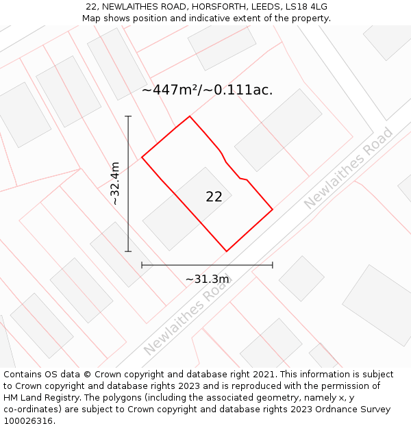 22, NEWLAITHES ROAD, HORSFORTH, LEEDS, LS18 4LG: Plot and title map