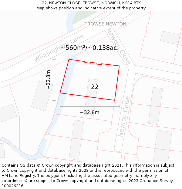 22, NEWTON CLOSE, TROWSE, NORWICH, NR14 8TX: Plot and title map