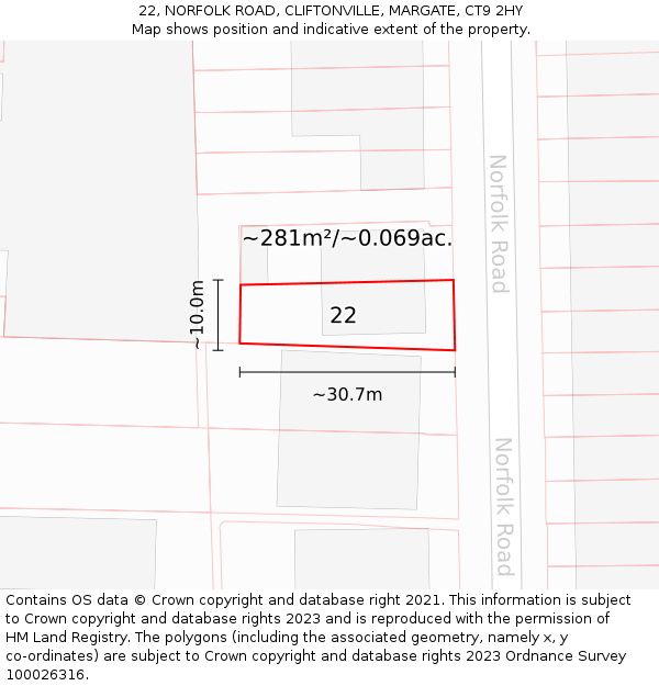 22, NORFOLK ROAD, CLIFTONVILLE, MARGATE, CT9 2HY: Plot and title map