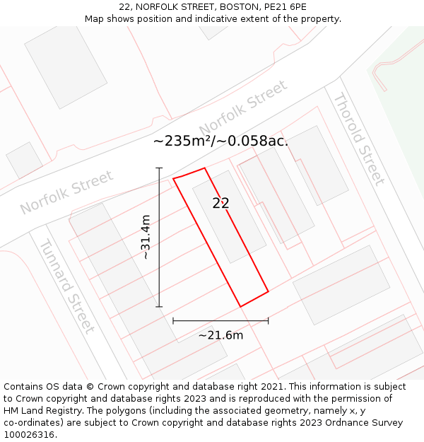 22, NORFOLK STREET, BOSTON, PE21 6PE: Plot and title map