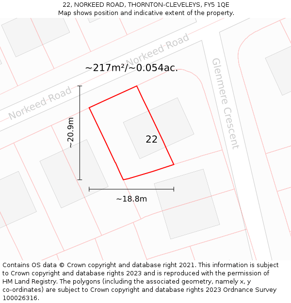 22, NORKEED ROAD, THORNTON-CLEVELEYS, FY5 1QE: Plot and title map