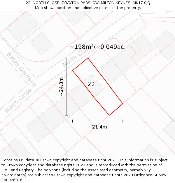 22, NORTH CLOSE, DRAYTON PARSLOW, MILTON KEYNES, MK17 0JQ: Plot and title map