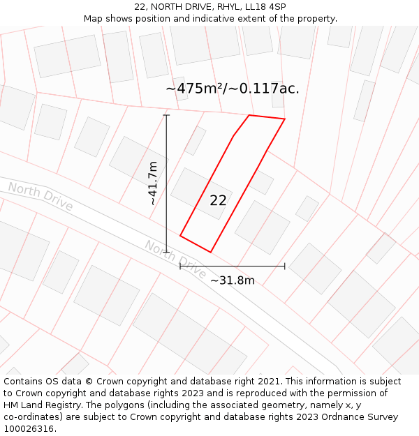 22, NORTH DRIVE, RHYL, LL18 4SP: Plot and title map