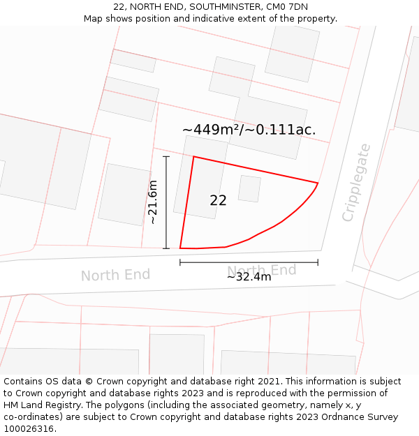 22, NORTH END, SOUTHMINSTER, CM0 7DN: Plot and title map