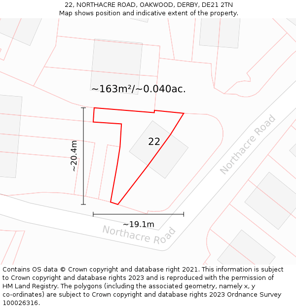 22, NORTHACRE ROAD, OAKWOOD, DERBY, DE21 2TN: Plot and title map