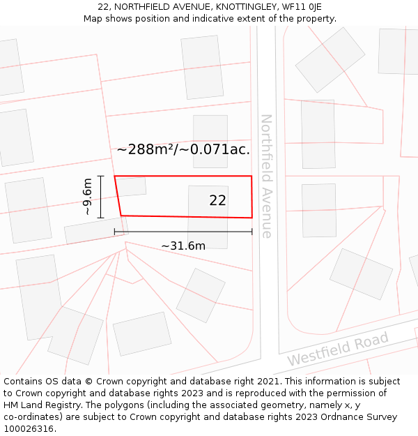 22, NORTHFIELD AVENUE, KNOTTINGLEY, WF11 0JE: Plot and title map