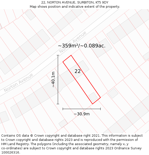 22, NORTON AVENUE, SURBITON, KT5 9DY: Plot and title map