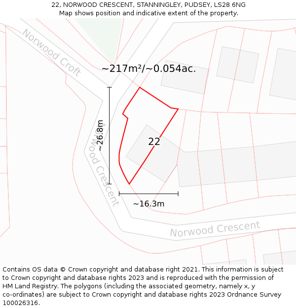 22, NORWOOD CRESCENT, STANNINGLEY, PUDSEY, LS28 6NG: Plot and title map