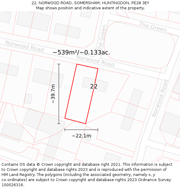 22, NORWOOD ROAD, SOMERSHAM, HUNTINGDON, PE28 3EY: Plot and title map