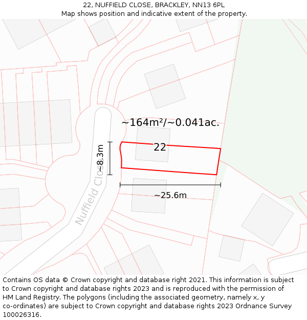 22, NUFFIELD CLOSE, BRACKLEY, NN13 6PL: Plot and title map