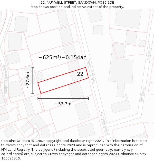 22, NUNWELL STREET, SANDOWN, PO36 9DE: Plot and title map