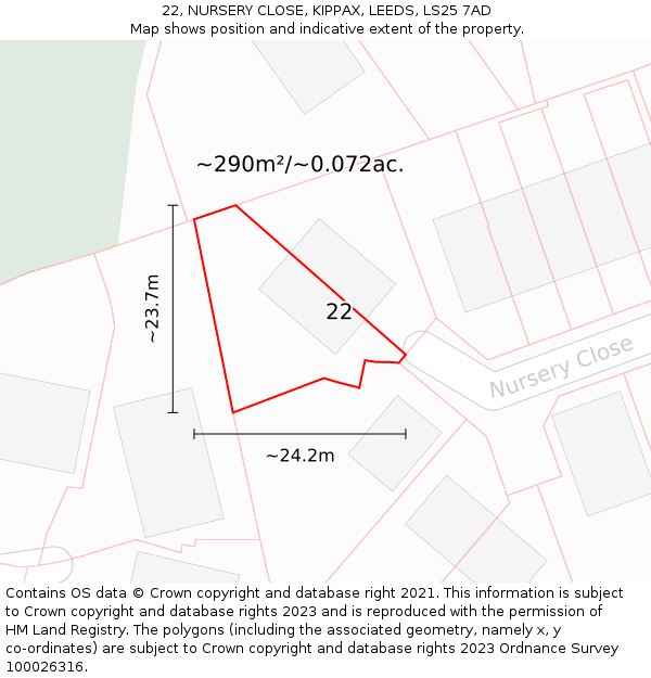 22, NURSERY CLOSE, KIPPAX, LEEDS, LS25 7AD: Plot and title map