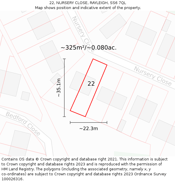 22, NURSERY CLOSE, RAYLEIGH, SS6 7QL: Plot and title map