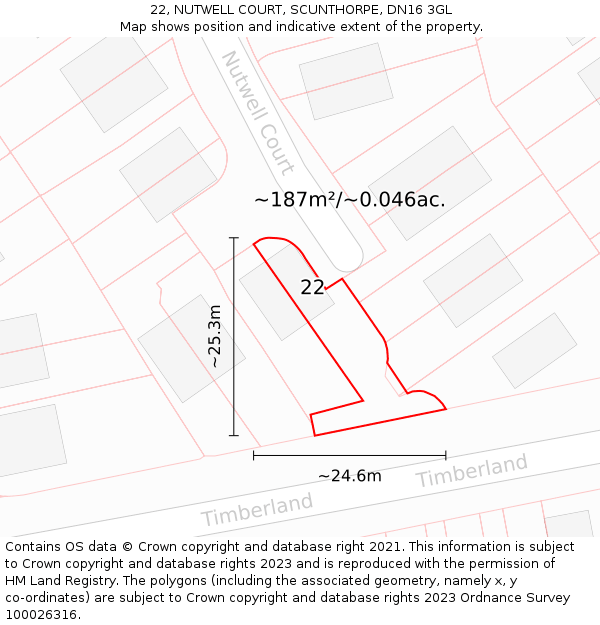 22, NUTWELL COURT, SCUNTHORPE, DN16 3GL: Plot and title map