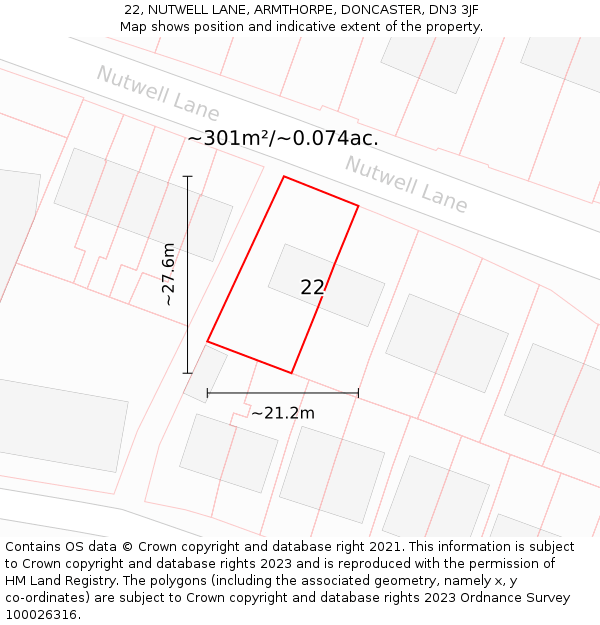 22, NUTWELL LANE, ARMTHORPE, DONCASTER, DN3 3JF: Plot and title map