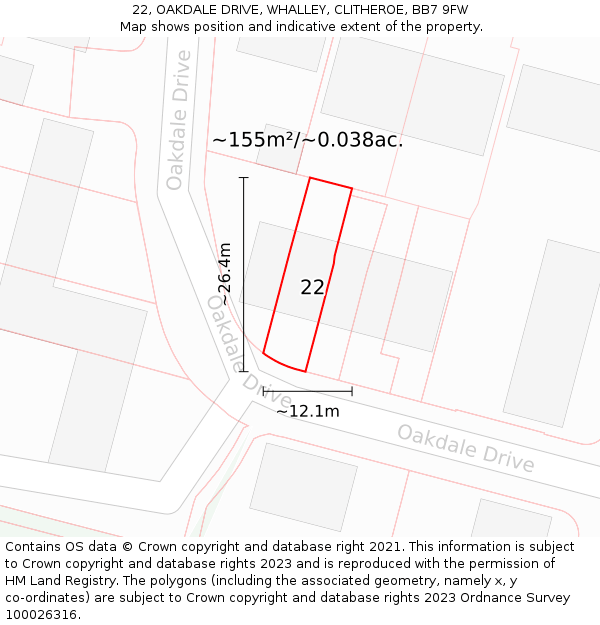 22, OAKDALE DRIVE, WHALLEY, CLITHEROE, BB7 9FW: Plot and title map