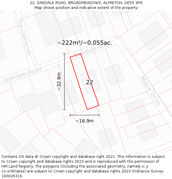 22, OAKDALE ROAD, BROADMEADOWS, ALFRETON, DE55 3PA: Plot and title map