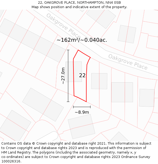 22, OAKGROVE PLACE, NORTHAMPTON, NN4 0SB: Plot and title map