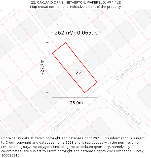 22, OAKLAND DRIVE, NETHERTON, WAKEFIELD, WF4 4LZ: Plot and title map