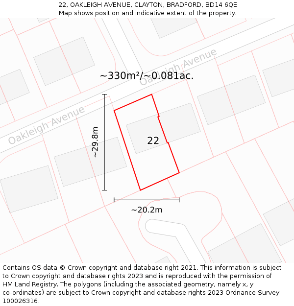 22, OAKLEIGH AVENUE, CLAYTON, BRADFORD, BD14 6QE: Plot and title map