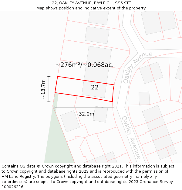 22, OAKLEY AVENUE, RAYLEIGH, SS6 9TE: Plot and title map