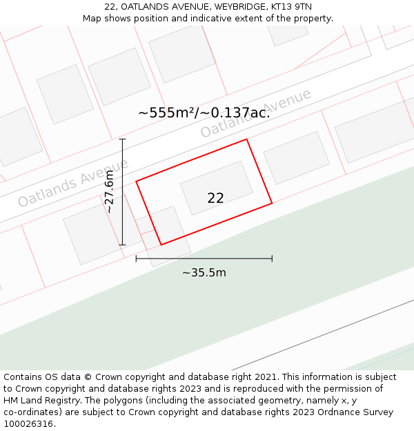 22, OATLANDS AVENUE, WEYBRIDGE, KT13 9TN: Plot and title map