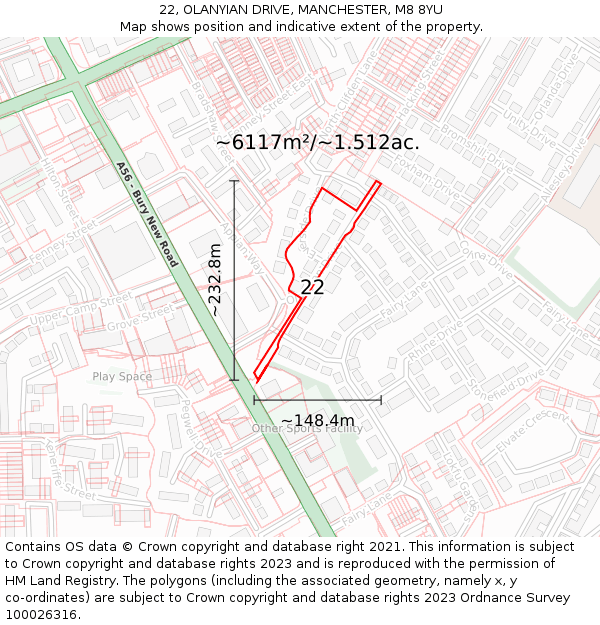 22, OLANYIAN DRIVE, MANCHESTER, M8 8YU: Plot and title map