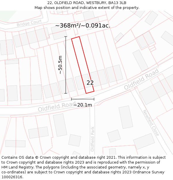 22, OLDFIELD ROAD, WESTBURY, BA13 3LB: Plot and title map