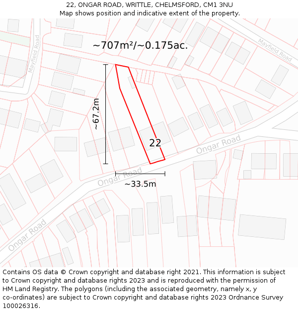 22, ONGAR ROAD, WRITTLE, CHELMSFORD, CM1 3NU: Plot and title map